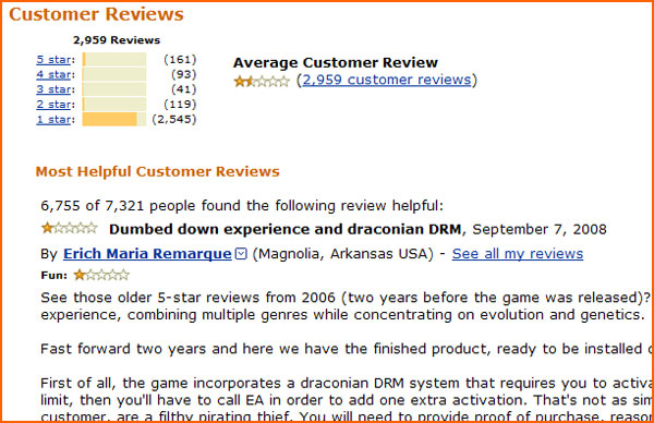 Amazon.com User Response to Spore DRM