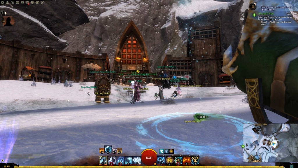 BURN guild members and others gather in the Norn city of Hoelbrak in Guild Wars 2.