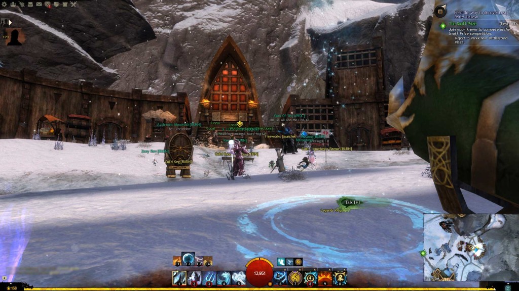 BURN guild members and others gather in the Norn city of Hoelbrak in Guild Wars 2.