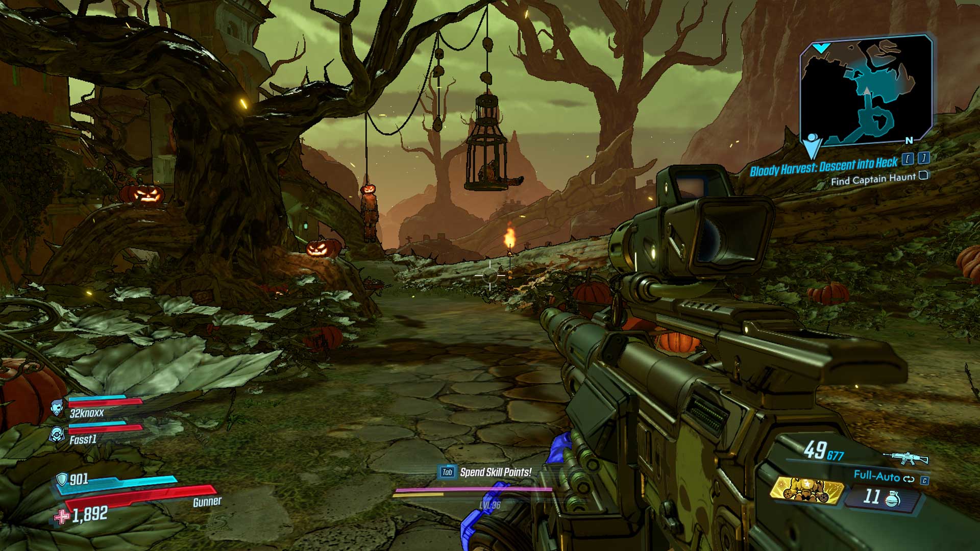 Jack o'lanterns and gibbet cages visible in Borderlands 3 as we explore Heck.