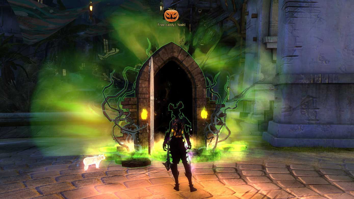 The door says "Free candy! Yeah!" as a spooky, ethereal green aura emanates around it.