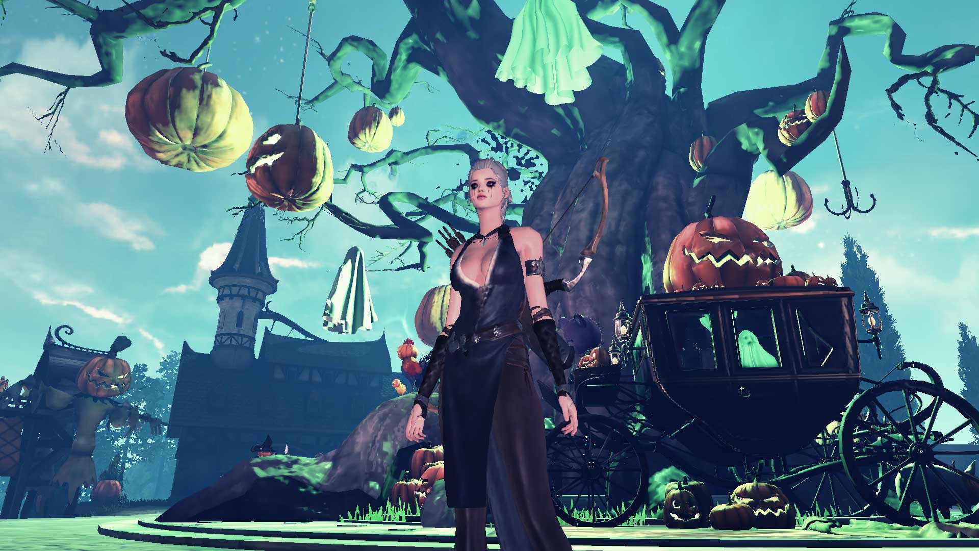 Helvetica in Astellia Online stands in front of a giant gnarled tree. It is adorned with jack o'latnerns hanging from rope, ghosts made of sheets and a hooked anchor.