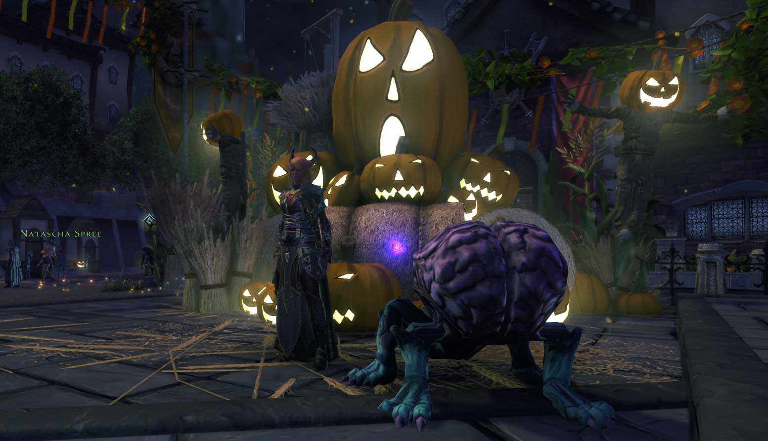 Lucidia from Neverwinter Online, a demonic-looking tiefling, stands in front of some jack o'lanterns and scarecrows -- her pet, Amygdalin, an Intellect Devourer, stands with her.